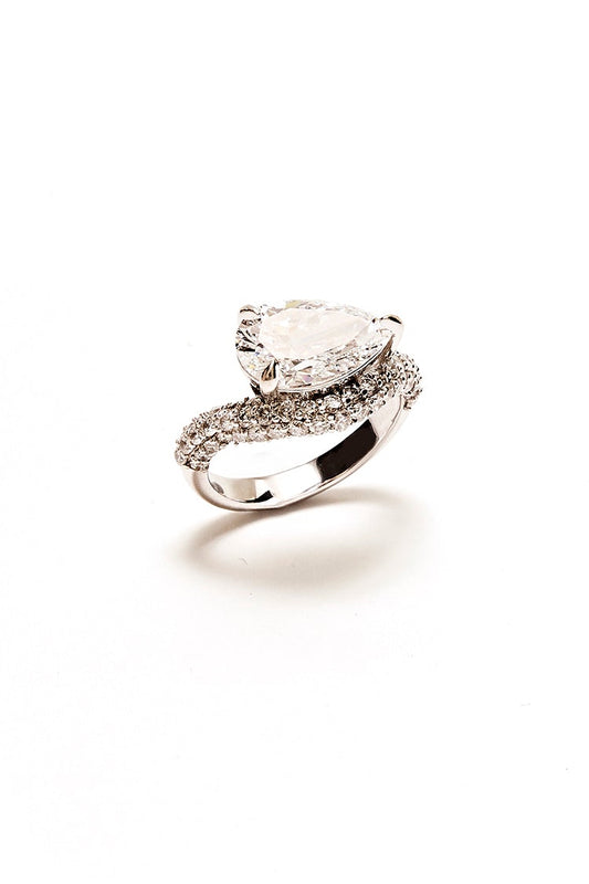 silver diamond ring pinky ring white background